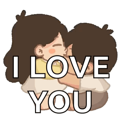 A Cartoon Of A Man And A Woman Hugging With The Words I Love You Behind Them . GIF