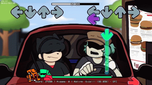 A Cartoon Of A Man And A Woman In A Car With A Score Of 27228 GIF