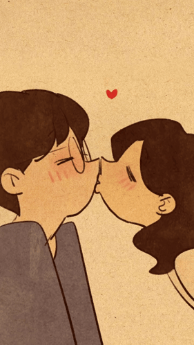 A Cartoon Of A Man And A Woman Kissing With A Heart Above Them GIF