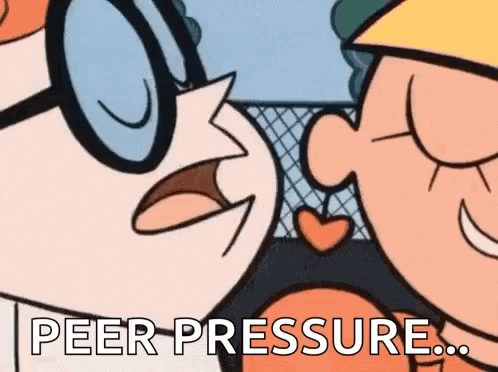 A Cartoon Of A Man And A Woman Kissing With The Words `` Peer Pressure '' Written On The Bottom . GIF