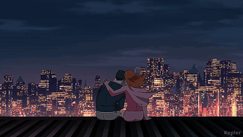 A Cartoon Of A Man And A Woman Looking At A City Skyline With The Word Kepler At The Bottom GIF