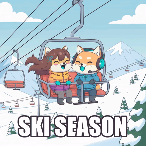 A Cartoon Of A Man And A Woman On A Ski Lift With Ski Season Written Below Them GIF