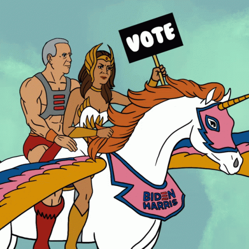 A Cartoon Of A Man And A Woman Riding A Unicorn With A Sign That Says Vote GIF