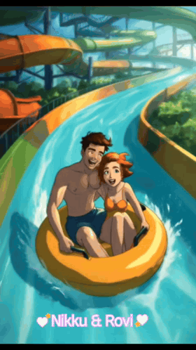 A Cartoon Of A Man And A Woman Riding Down A Water Slide With The Name Nikki And Rovi Written Below Them GIF