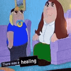 a cartoon of a man and a woman sitting next to each other with a sign that says there was a healing .