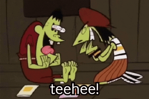 A Cartoon Of A Man And A Woman Sitting On The Floor With The Words Teehee . GIF