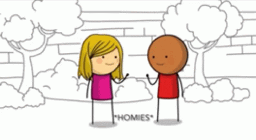 A Cartoon Of A Man And A Woman Standing Next To Each Other With The Word Homies Written On The Bottom GIF
