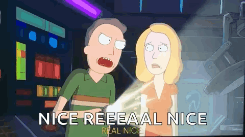 A Cartoon Of A Man And A Woman Standing Next To Each Other With The Words `` Nice Reeeeeal Nice '' . GIF