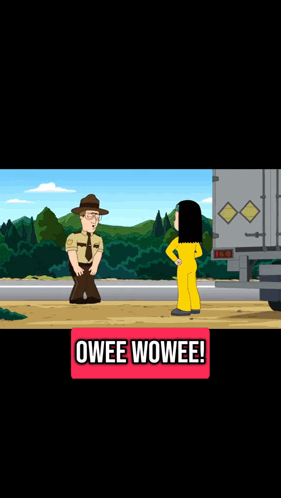 Cartoon Man And Woman With Owee Wowee Text GIF