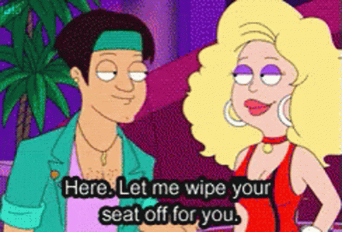 A Cartoon Of A Man And A Woman Talking With The Words Here Let Me Wipe Your Seat Off For You GIF