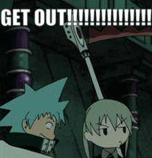 A Cartoon Of A Man And A Woman With The Words Get Out Written On The Bottom GIF