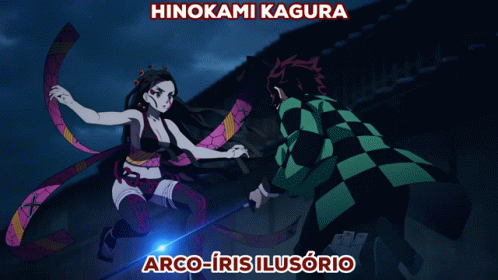 A Cartoon Of A Man And A Woman With The Words Hinokami Kagura Arco Iris Ilusorio Below Them GIF