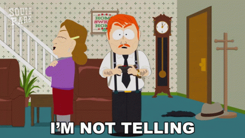 A Cartoon Of A Man And A Woman With The Words I 'M Not Telling Below Them GIF