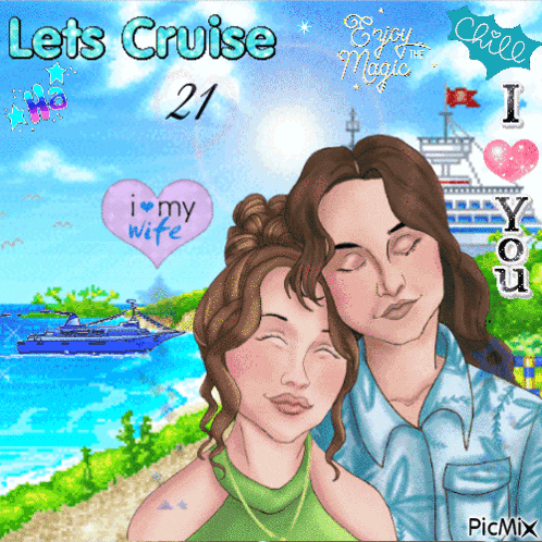 A Cartoon Of A Man And A Woman With The Words Let 'S Cruise 21 GIF