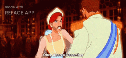 A Cartoon Of A Man And A Woman With The Words Once Upon A December Written Below Them GIF