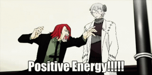 A Cartoon Of A Man And A Woman With The Words Positive Energy !!! GIF