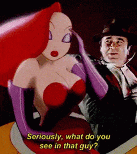 A Cartoon Of A Man And A Woman With The Words Seriously What Do You See In That Guy On The Bottom GIF