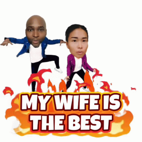 A Cartoon Of A Man And A Woman With Their Faces On A Sign That Says " My Wife Is The Best " GIF
