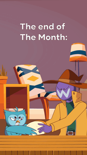 A Cartoon Of A Man And An Owl With The Words " The End Of The Month " GIF