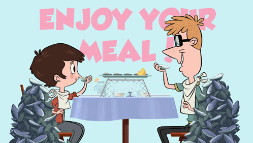 A Cartoon Of A Man And Boy Sitting At A Table With The Words Enjoy Your Meal Behind Them GIF