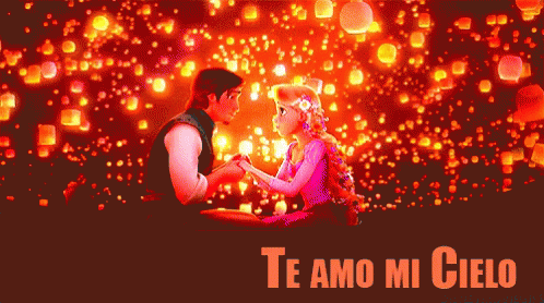 A Cartoon Of A Man And Woman Holding Hands With The Words Te Amo Mi Cielo GIF