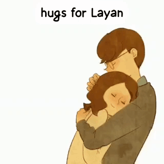 A Cartoon Of A Man And Woman Hugging Each Other With The Words `` Hugs For Layan '' Written Above Them . GIF