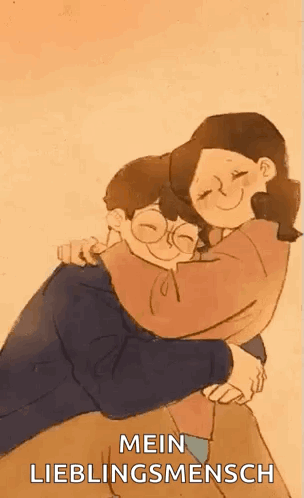 A Cartoon Of A Man And Woman Hugging Each Other With The Words `` Mein Lieblingsmensch '' Written On The Bottom . GIF