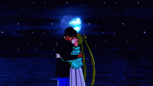 A Cartoon Of A Man And Woman Hugging Under A Full Moon GIF