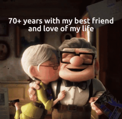 A Cartoon Of A Man And Woman Hugging With The Caption 70+ Years With My Best Friend And Love Of My Life GIF