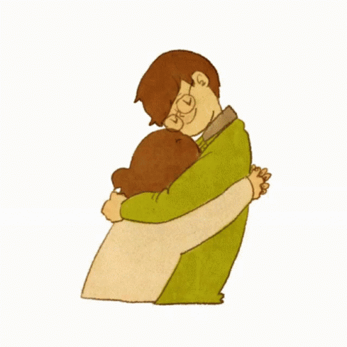 A Cartoon Of A Man And Woman Hugging With The Man Wearing Glasses GIF