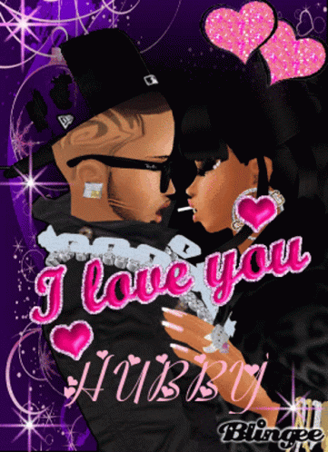A Cartoon Of A Man And Woman Hugging With The Words I Love You Hubby Below Them GIF