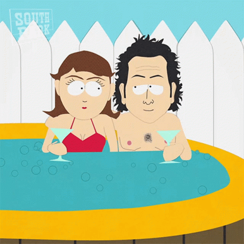 a cartoon of a man and woman in a hot tub with south park written on the fence behind them