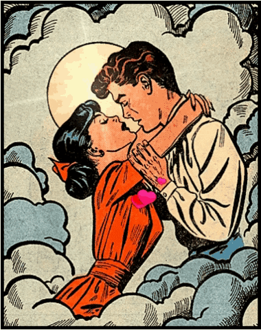 A Cartoon Of A Man And Woman Kissing In The Sky GIF