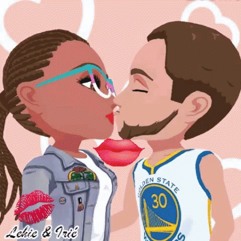 A Cartoon Of A Man And Woman Kissing With The Man Wearing A Golden State Jersey GIF