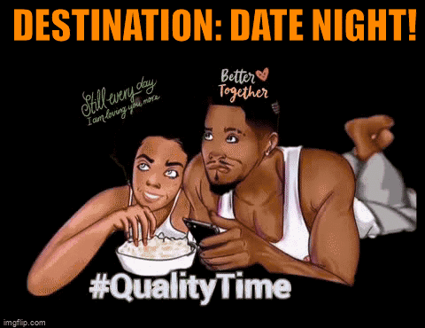 A Cartoon Of A Man And Woman Laying Next To Each Other With The Words Destination Date Night Below Them GIF