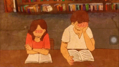 A Cartoon Of A Man And Woman Reading Books GIF