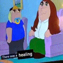 a cartoon of a man and woman sitting on a couch with a sign that says there was a healing on it