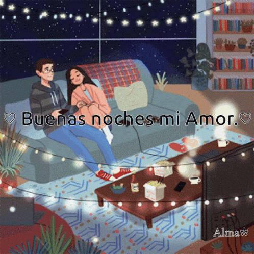 A Cartoon Of A Man And Woman Sitting On A Couch With The Words Buenas Noches Mi Amor GIF