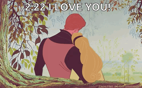 A Cartoon Of A Man And Woman Sitting Under A Tree With 2:22 I Love You Written Above Them GIF