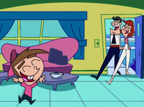 A Cartoon Of A Man And Woman Standing In A Room GIF