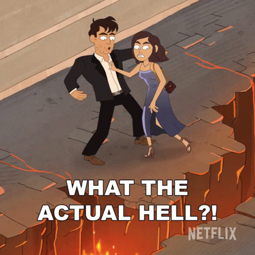 A Cartoon Of A Man And Woman With The Words What The Actual Hell GIF