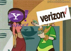 A Cartoon Of A Man And Woman With Yahoo And Verizon Logos On Their Heads GIF