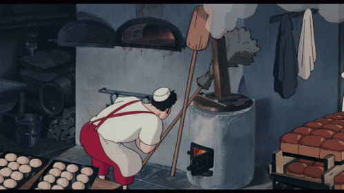 A Cartoon Of A Man Baking Bread In A Kitchen GIF