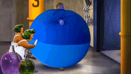 A Cartoon Of A Man Being Blown Up By A Blue Balloon GIF