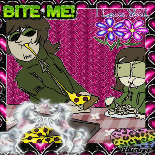 A Cartoon Of A Man Biting A Slice Of Pizza With The Words Bite Me I Love You GIF