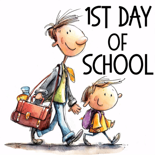 A Cartoon Of A Man Carrying A Briefcase And A Boy Walking With The Words 1St Day Of School Below Them GIF