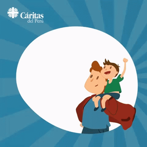 A Cartoon Of A Man Carrying A Child On His Shoulders With The Words Feliz Dia GIF