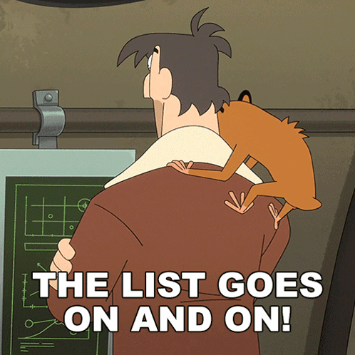 A Cartoon Of A Man Carrying A Monkey On His Shoulders With The Words The List Goes On And On GIF