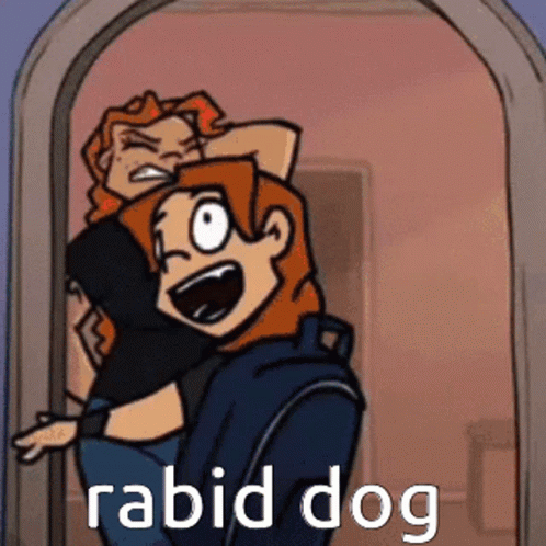 A Cartoon Of A Man Carrying A Woman On His Back With The Words Rabid Dog Written On The Bottom . GIF
