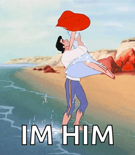 A Cartoon Of A Man Carrying A Woman On His Shoulders With The Words " Im Him " Underneath GIF